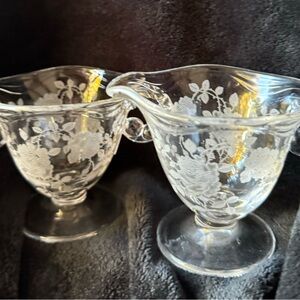 Vintage rose pattern glass cream and sugar.